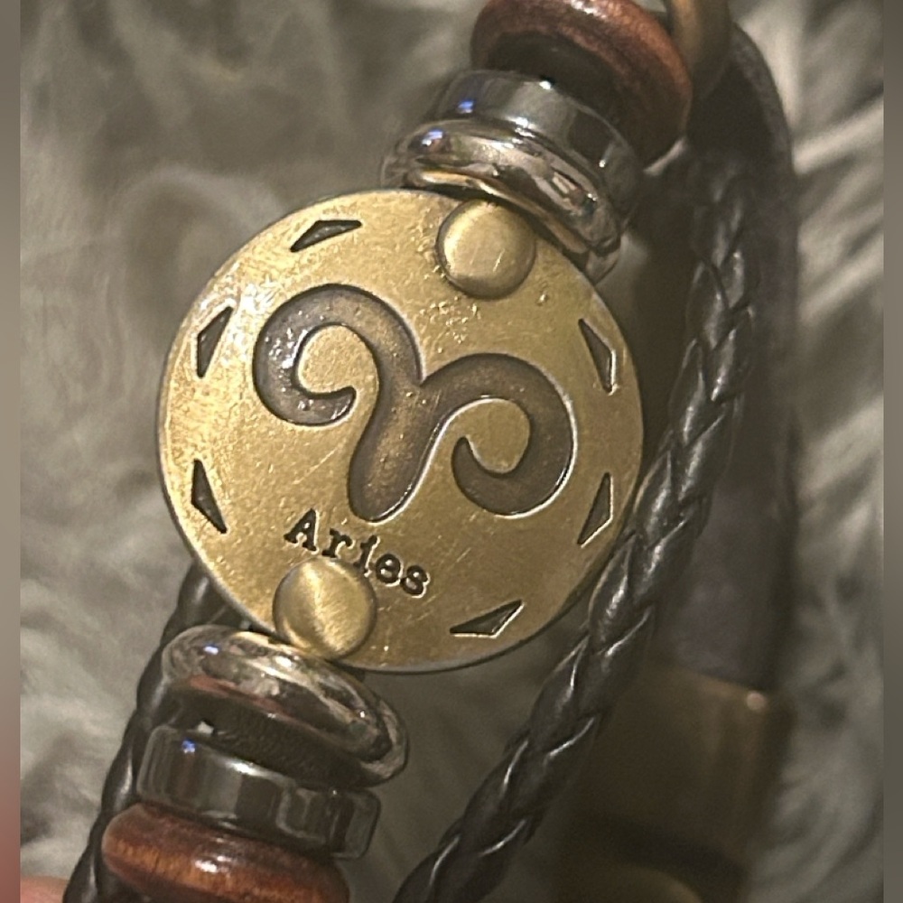 Aries Constellation Zodiac Brass Medallion Leather Braid Wrap Bracelet Unisex